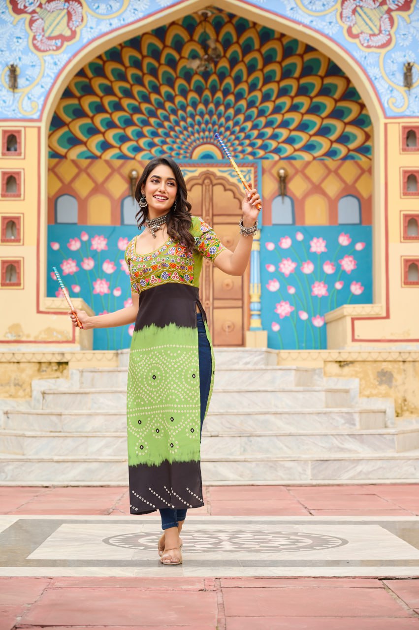Pista Printed Rayon Kurti with Kutchi Gamthi Work – Round Neck, Half Sleeves, Cotton Lined