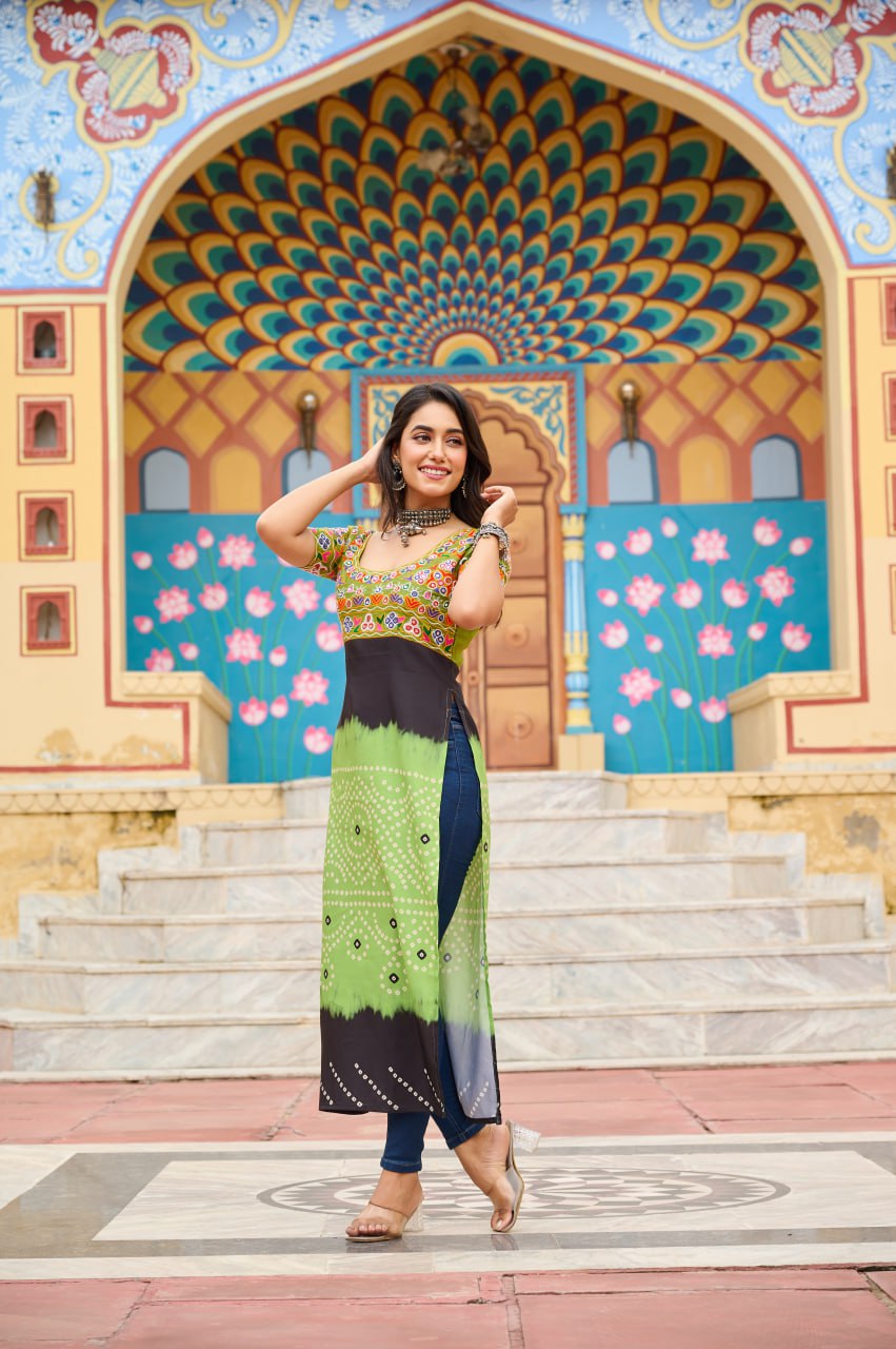 Pista Printed Rayon Kurti with Kutchi Gamthi Work – Round Neck, Half Sleeves, Cotton Lined