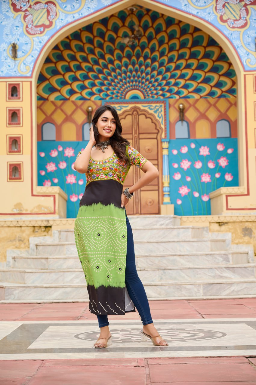 Pista Printed Rayon Kurti with Kutchi Gamthi Work – Round Neck, Half Sleeves, Cotton Lined