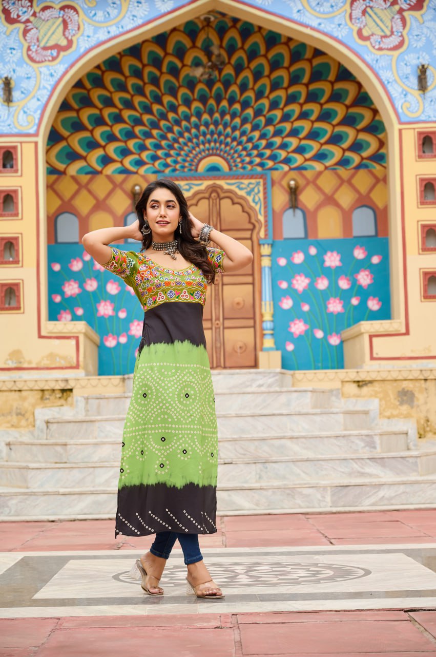 Pista Printed Rayon Kurti with Kutchi Gamthi Work – Round Neck, Half Sleeves, Cotton Lined