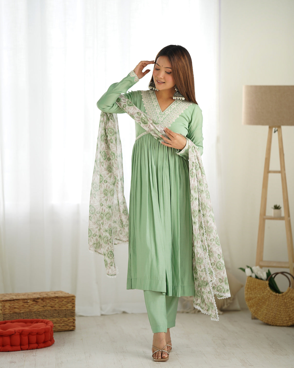 Pista Pure Soft Heavy Romansilk Chanderi Nyra Cut Kurta with Dupatta & Pant Set – Ready to Wear