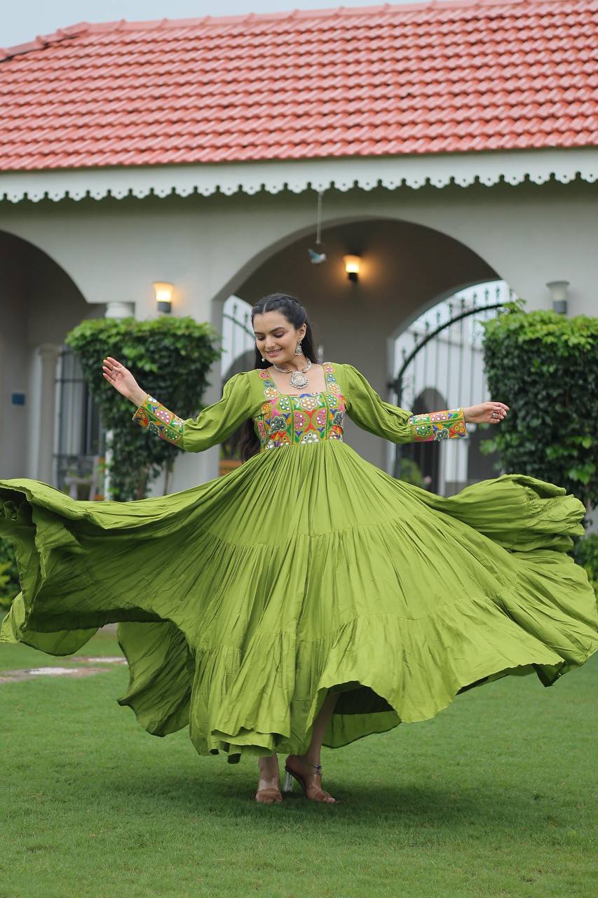 Pista Rayon Kutchi Gamthi Work Gown with 3-Layer Frill & 12 Meter Flair