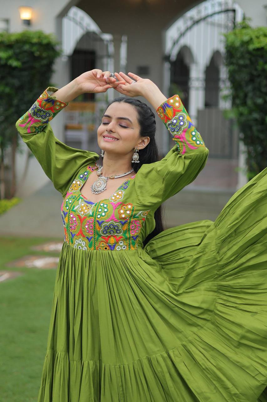Pista Rayon Kutchi Gamthi Work Gown with 3-Layer Frill & 12 Meter Flair