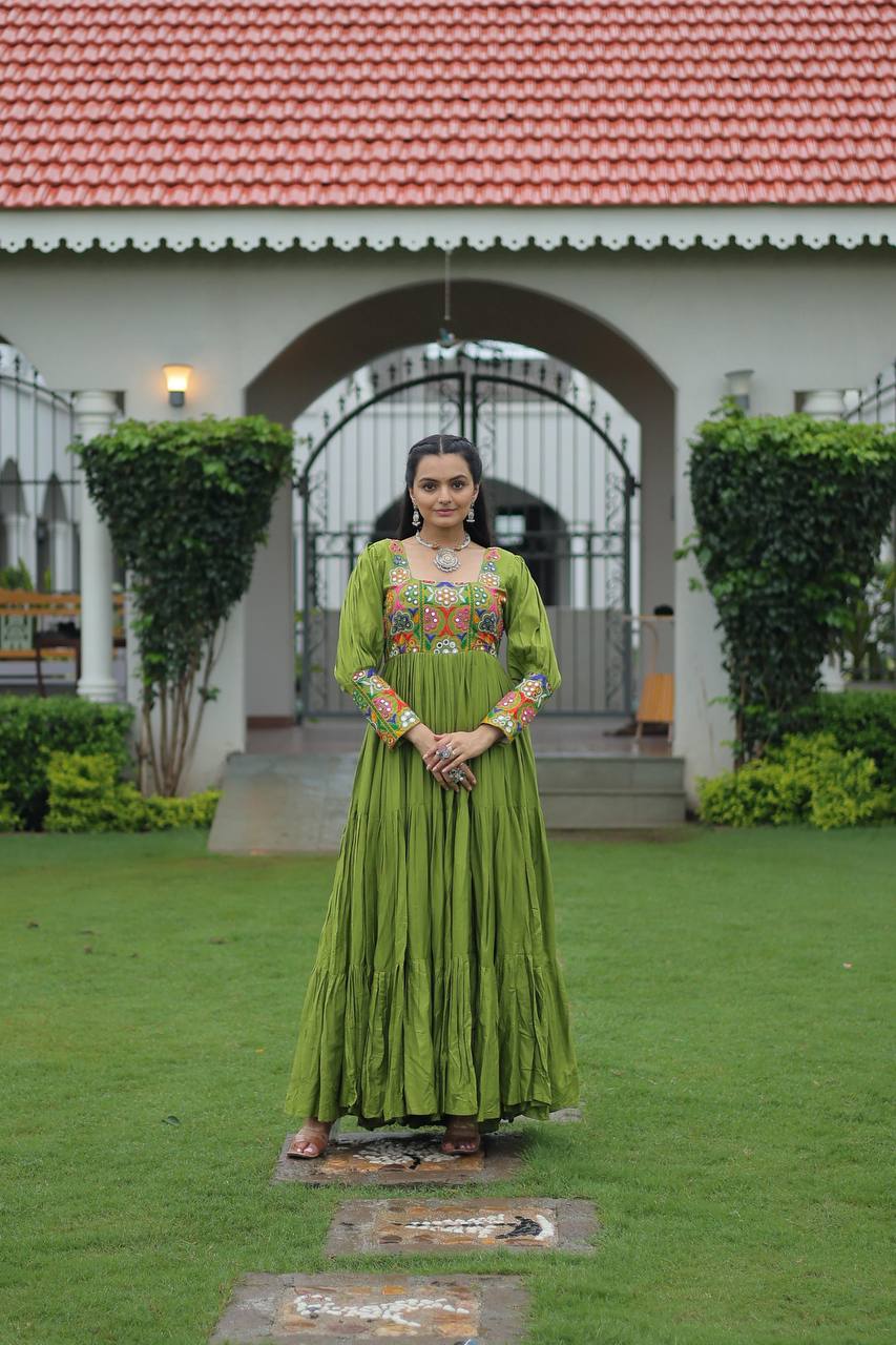 Pista Rayon Kutchi Gamthi Work Gown with 3-Layer Frill & 12 Meter Flair