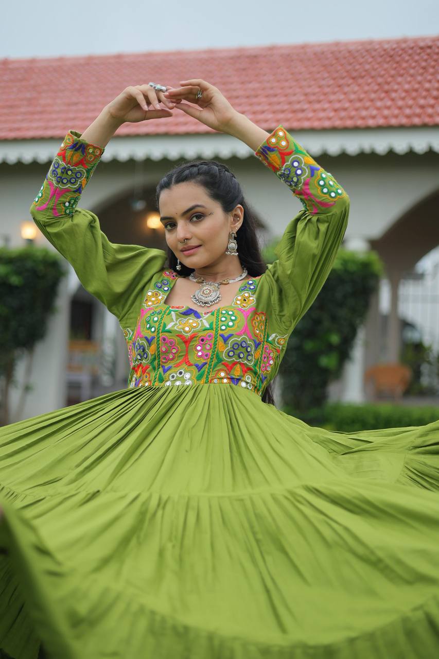 Pista Rayon Kutchi Gamthi Work Gown with 3-Layer Frill & 12 Meter Flair