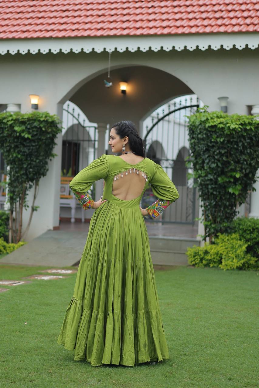 Pista Rayon Kutchi Gamthi Work Gown with 3-Layer Frill & 12 Meter Flair