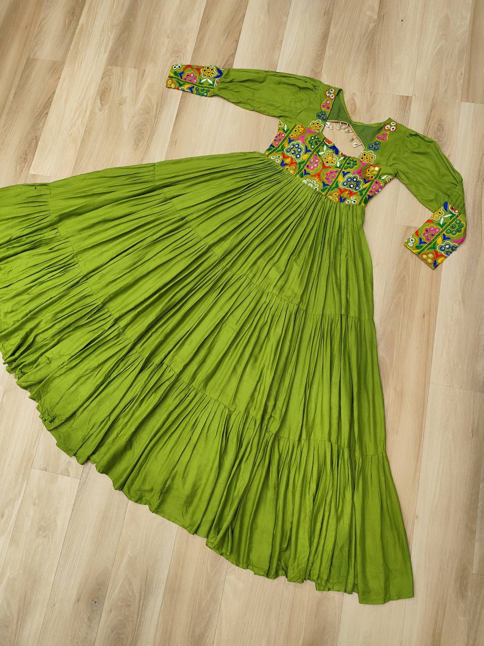 Pista Rayon Kutchi Gamthi Work Gown with 3-Layer Frill & 12 Meter Flair