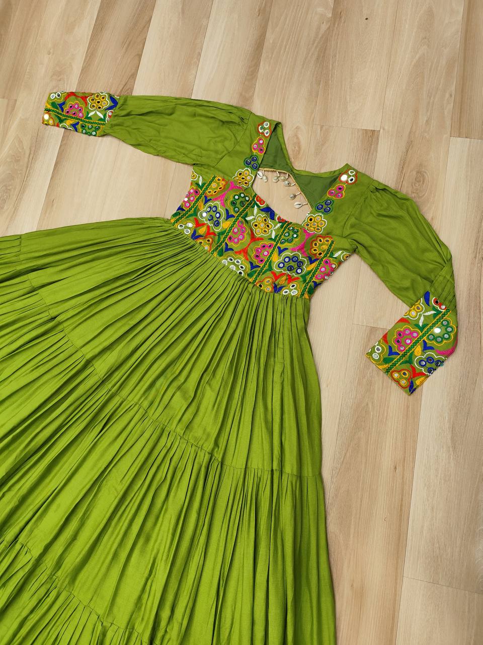 Pista Rayon Kutchi Gamthi Work Gown with 3-Layer Frill & 12 Meter Flair