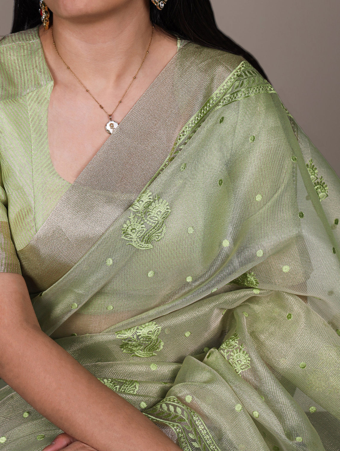 Pista Rose Gold Poly Shimmer Saree with Elegant Thread Embroidery and Matching Blouse – Unstitched Ensemble
