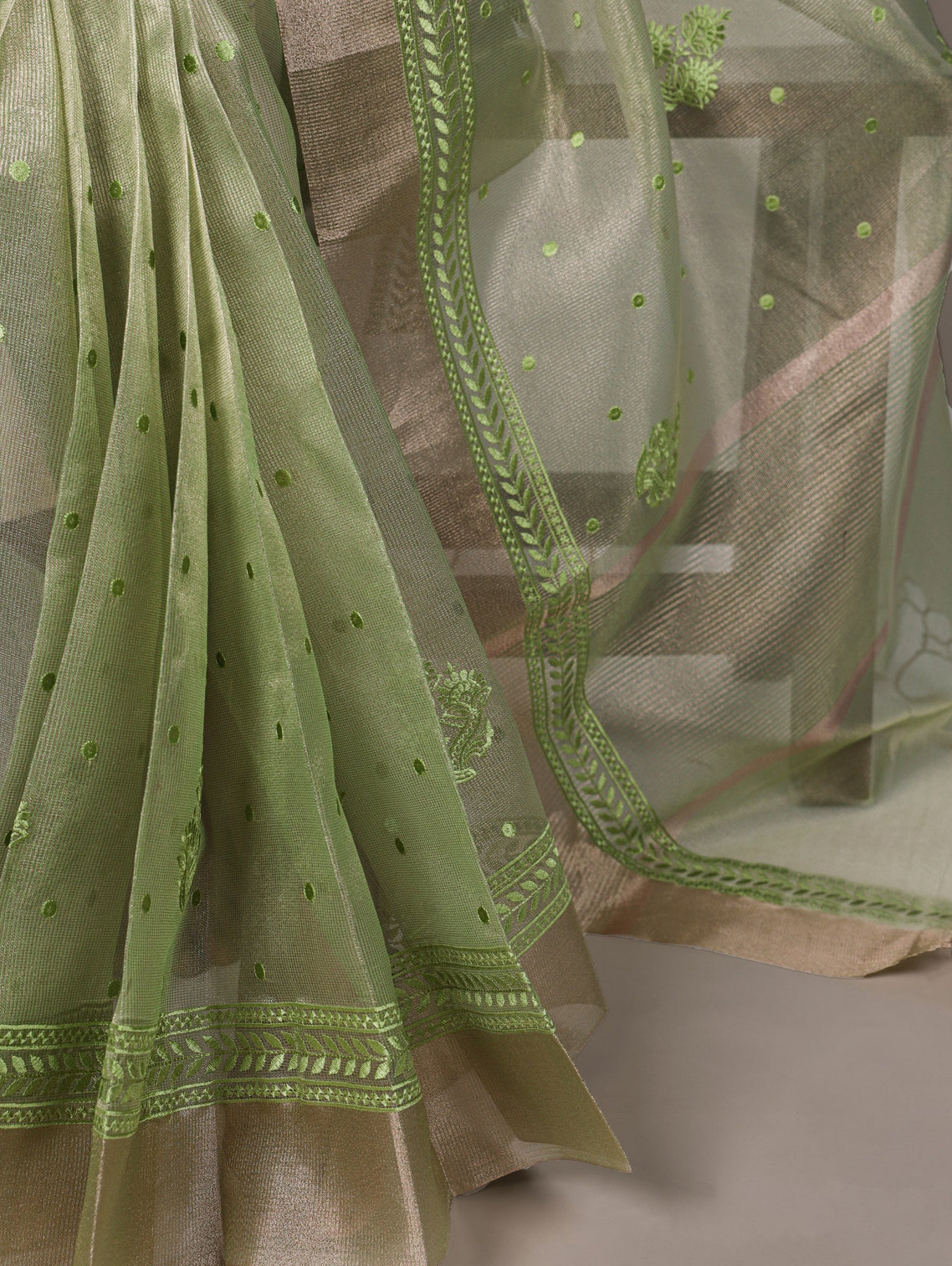 Pista Rose Gold Poly Shimmer Saree with Elegant Thread Embroidery and Matching Blouse – Unstitched Ensemble