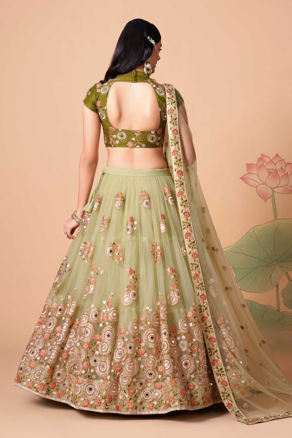 Pista soft net zari work indian wedding function lehenga choli