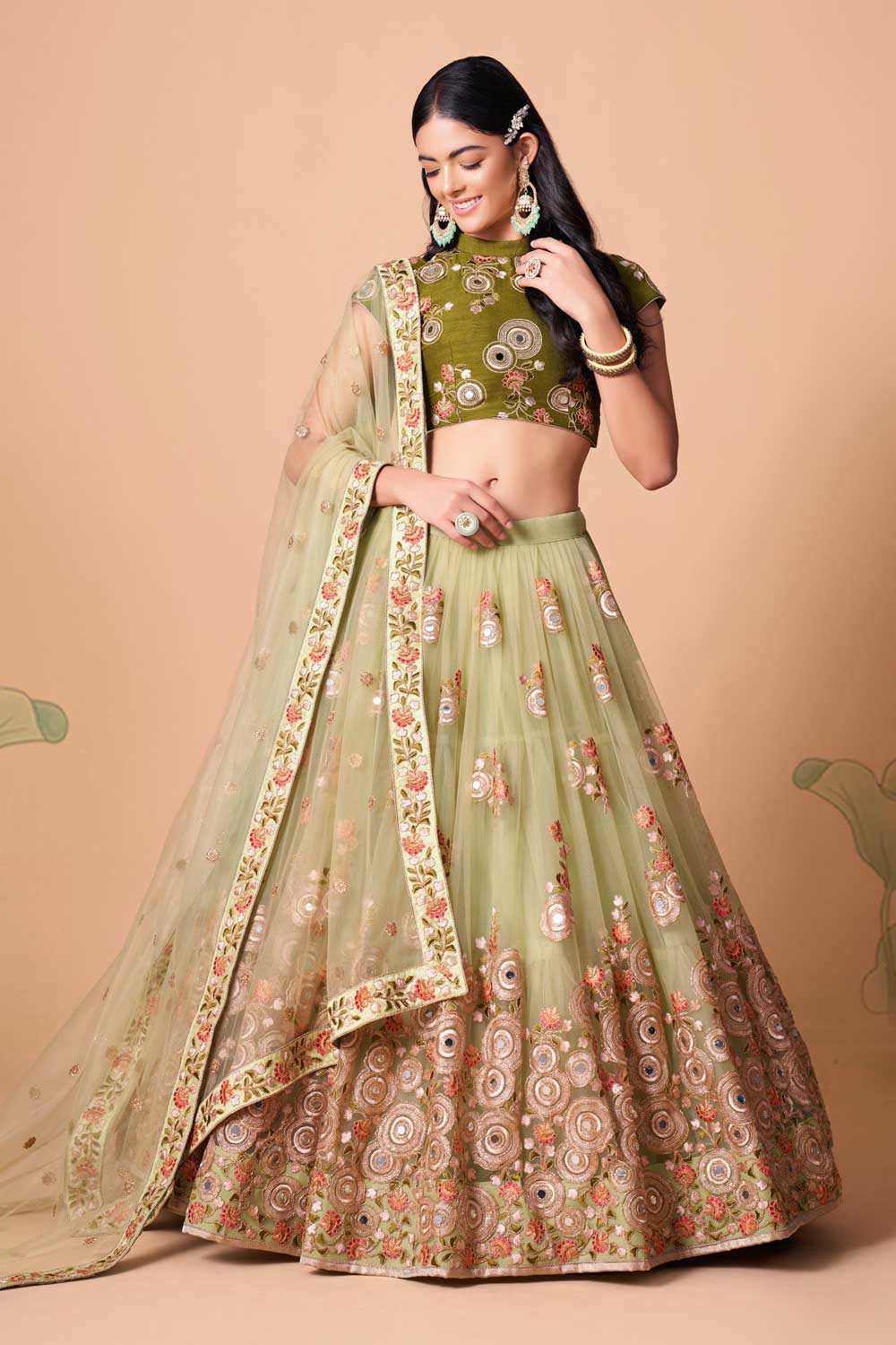 Pista soft net zari work indian wedding function lehenga choli