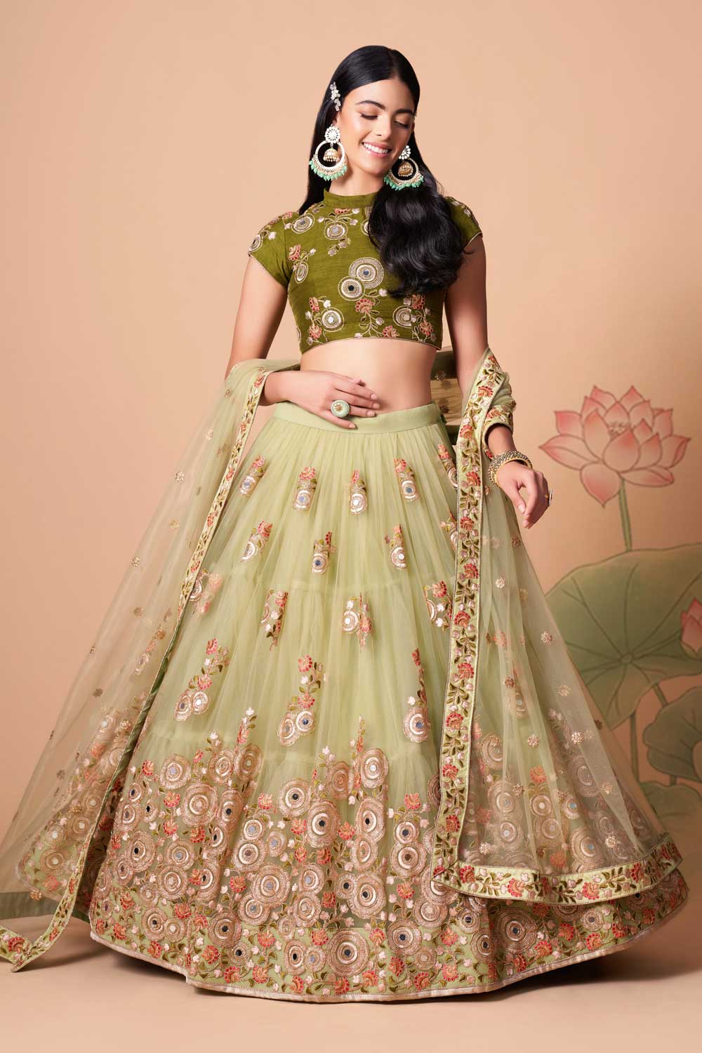 Pista soft net zari work indian wedding function lehenga choli