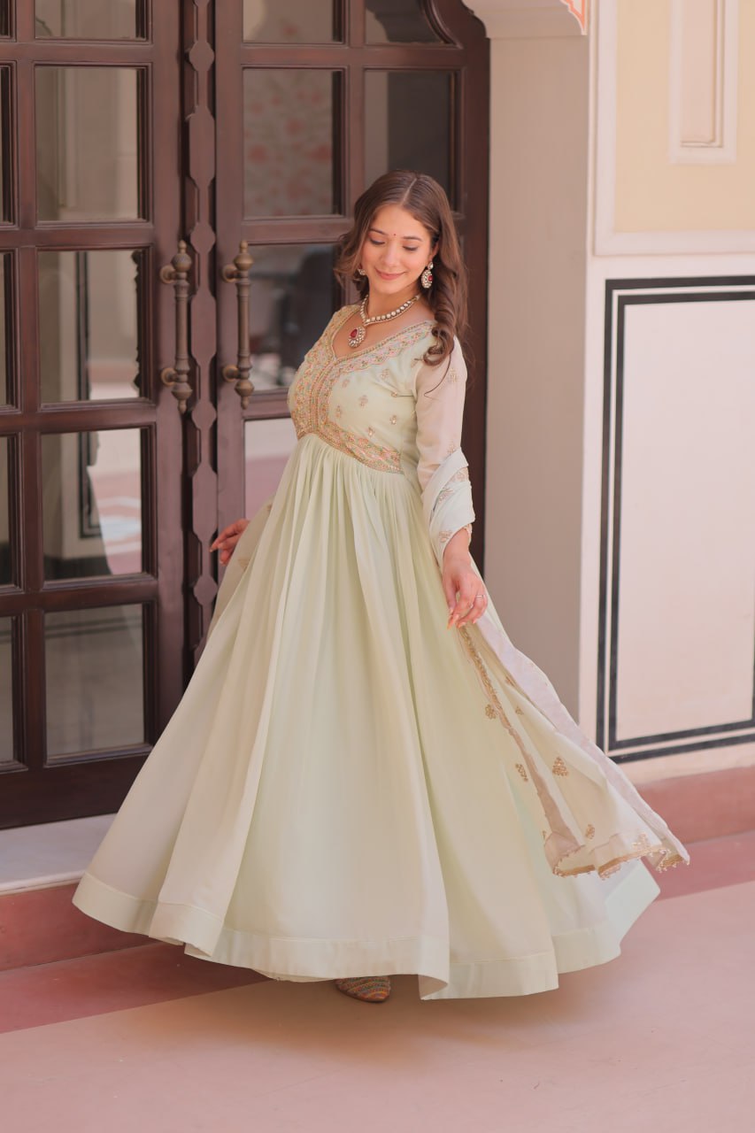 Pista Star Georgette Gown with Dupatta – Beads & Sequins Multi-Embroidery