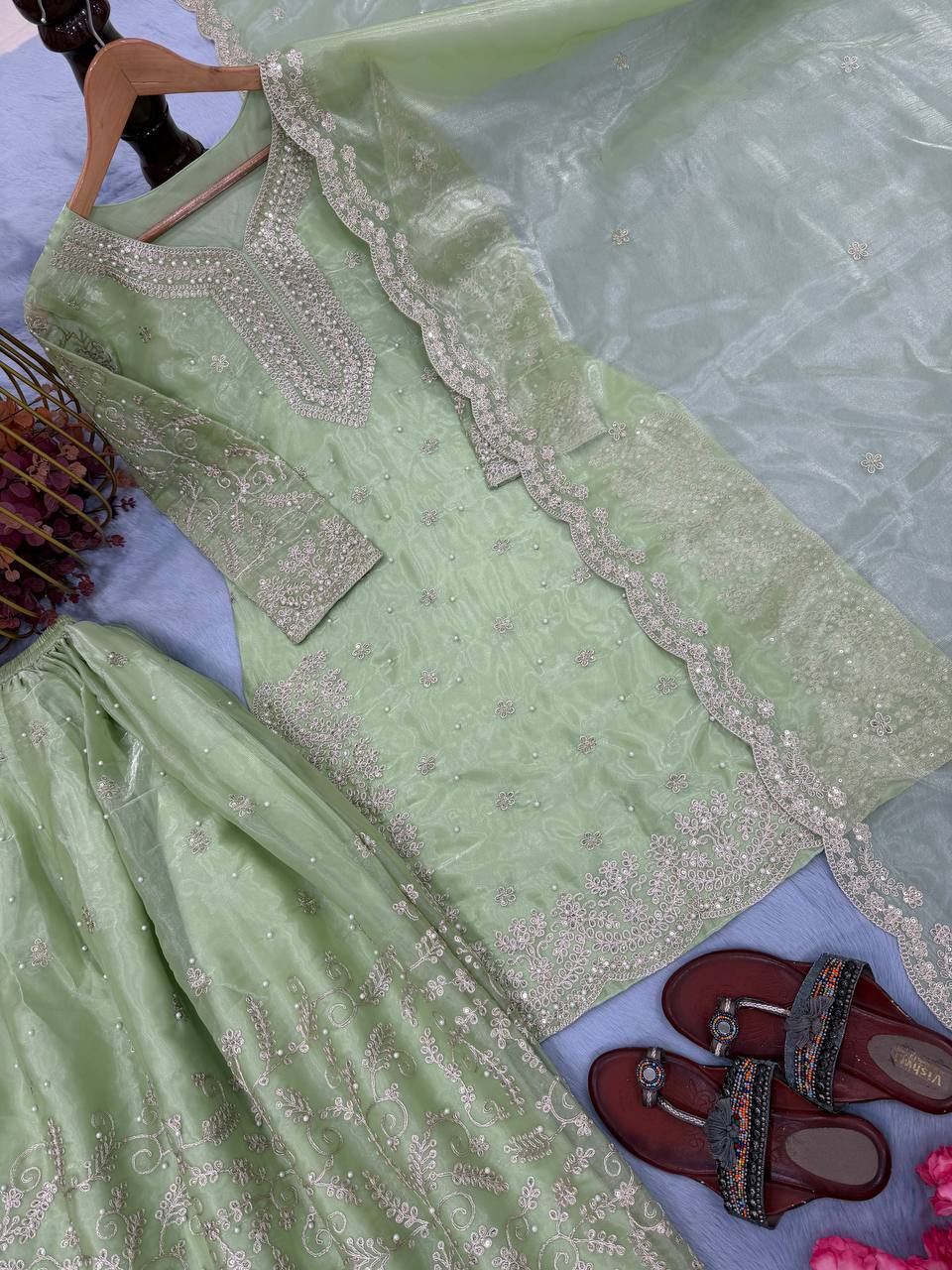Pista  Organza Embroidered Plazzo Set with Heavy 3mm Sequins, Coding Dori & Moti Hand Work – Fancy Sleeves, Full Stitched