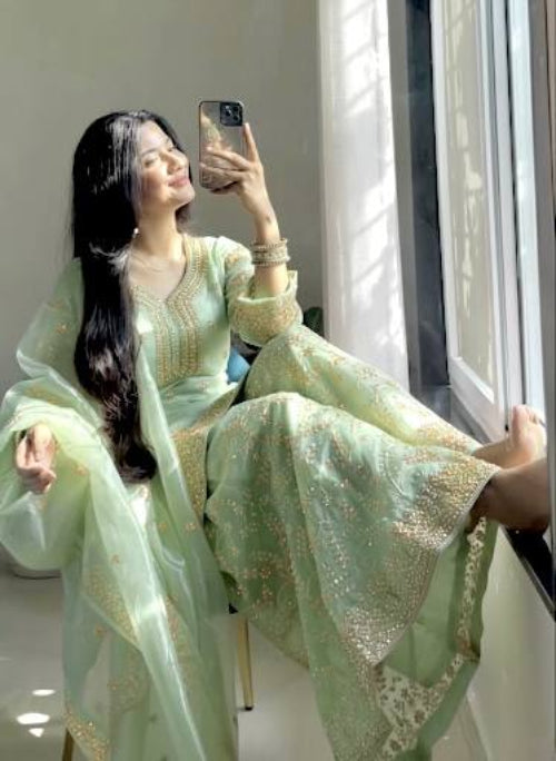 Pista  Organza Embroidered Plazzo Set with Heavy 3mm Sequins, Coding Dori & Moti Hand Work – Fancy Sleeves, Full Stitched