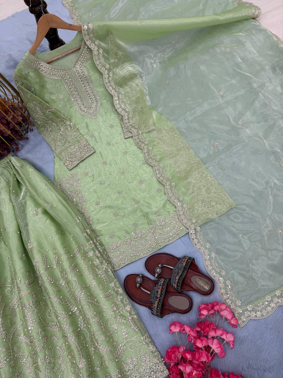 Pista  Organza Embroidered Plazzo Set with Heavy 3mm Sequins, Coding Dori & Moti Hand Work – Fancy Sleeves, Full Stitched