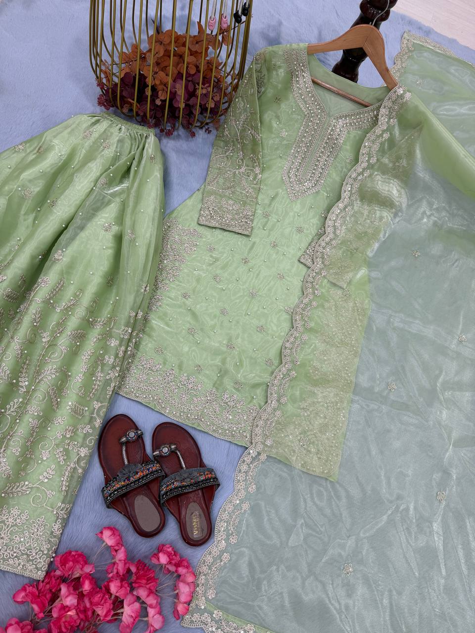 Pista  Organza Embroidered Plazzo Set with Heavy 3mm Sequins, Coding Dori & Moti Hand Work – Fancy Sleeves, Full Stitched