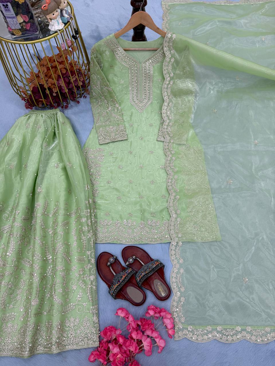 Pista  Organza Embroidered Plazzo Set with Heavy 3mm Sequins, Coding Dori & Moti Hand Work – Fancy Sleeves, Full Stitched