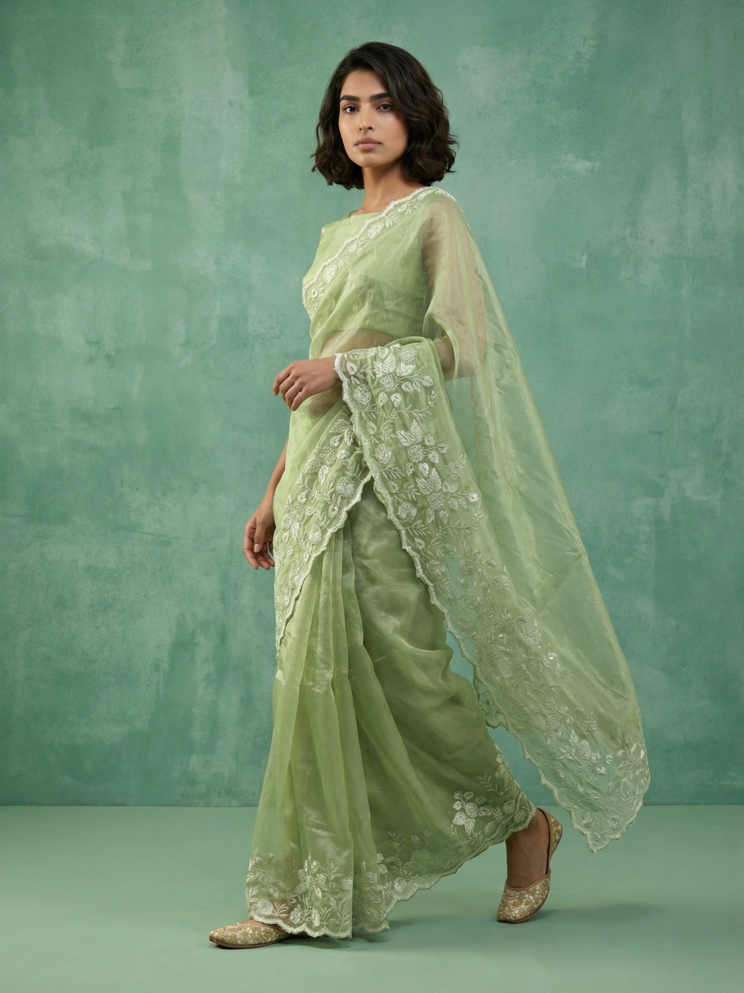 Pure Chanda Silk Floral Embroidered Saree with Schiffli Resham Zari Work And Cutwork Border