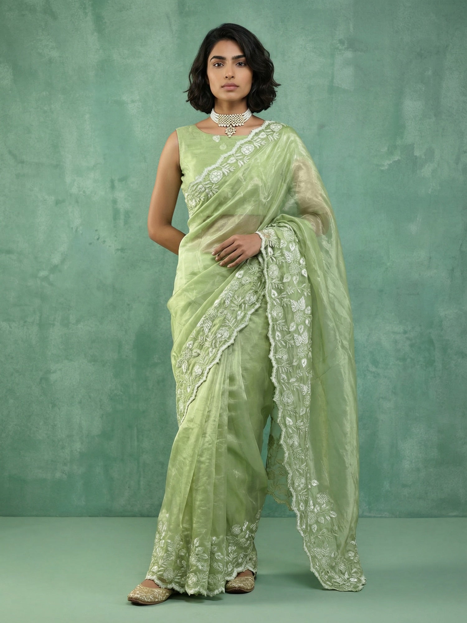 Pure Chanda Silk Floral Embroidered Saree with Schiffli Resham Zari Work And Cutwork Border