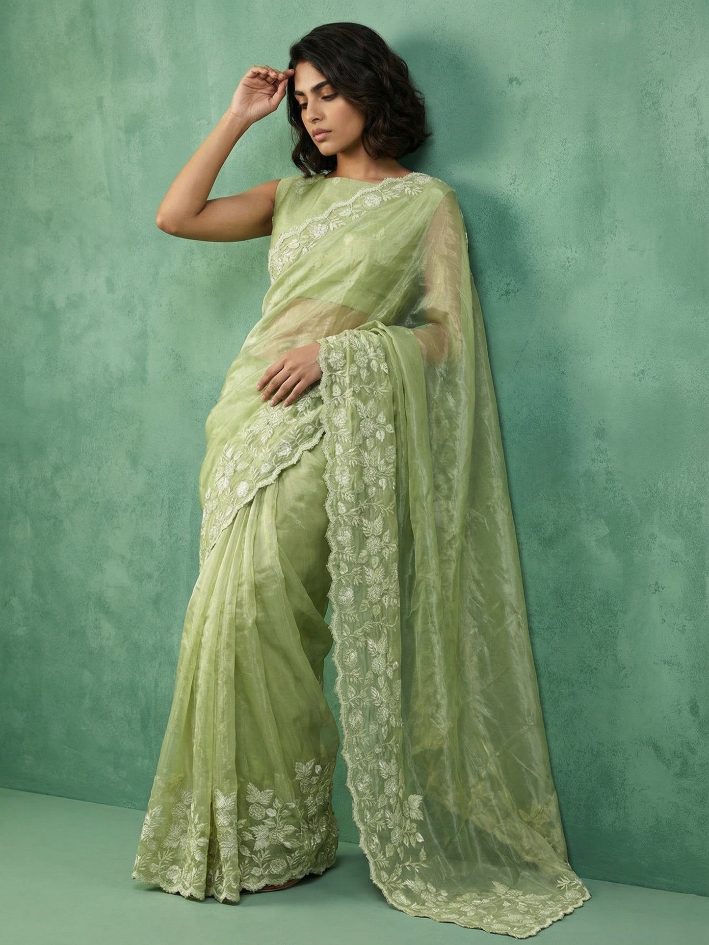 Pure Chanda Silk Floral Embroidered Saree with Schiffli Resham Zari Work And Cutwork Border