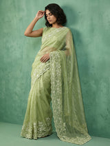 Pure Chanda Silk Floral Embroidered Saree with Schiffli Resham Zari Work And Cutwork Border