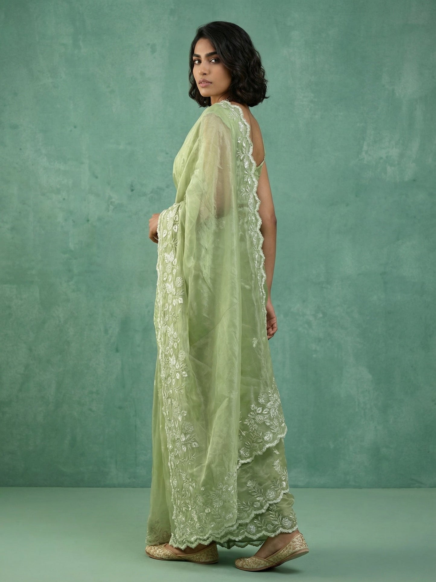 Pure Chanda Silk Floral Embroidered Saree with Schiffli Resham Zari Work And Cutwork Border