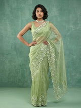 Pure Chanda Silk Floral Embroidered Saree with Schiffli Resham Zari Work And Cutwork Border