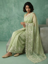 Pure Chanda Silk Floral Embroidered Saree with Schiffli Resham Zari Work And Cutwork Border