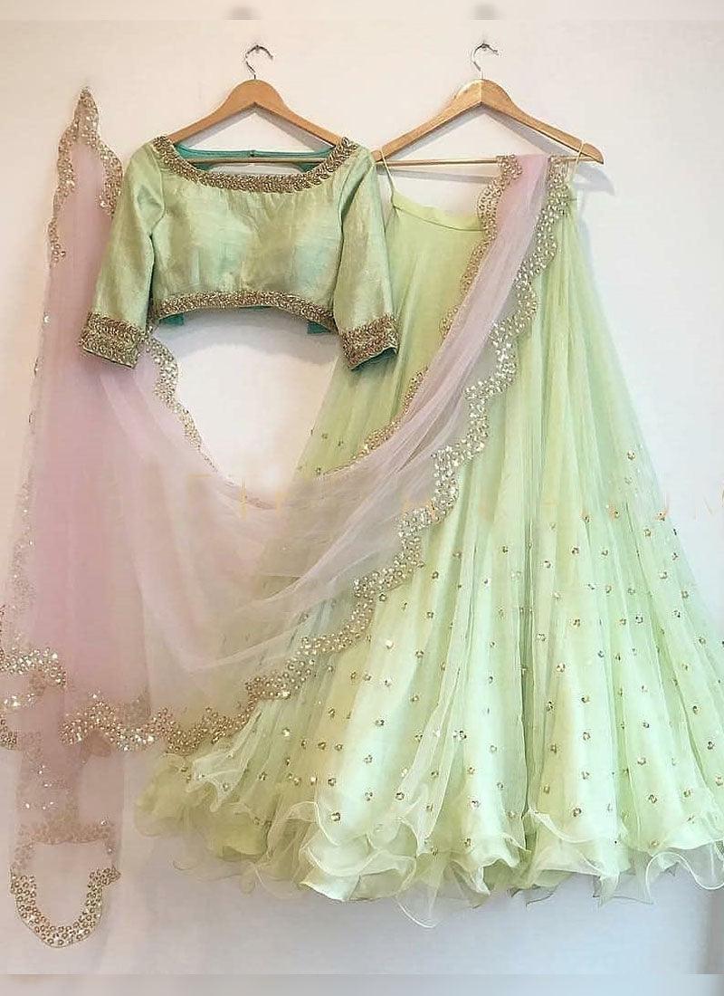 Pistachio Color Party Wear Net Base Full Flared Lehenga Choli