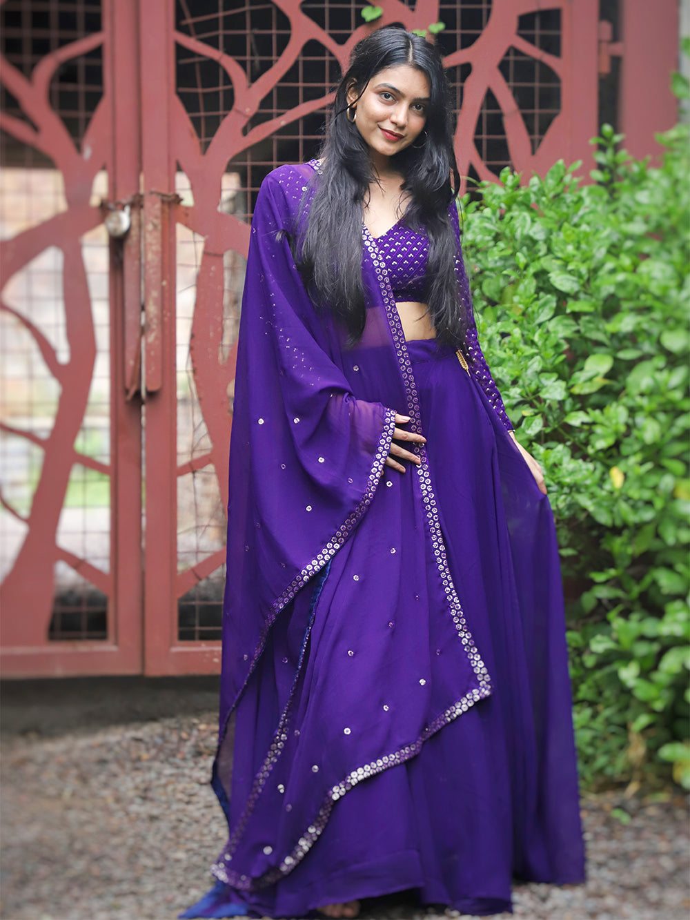 Purple Color Plain Georgette Lehenga Choli With Dupatta