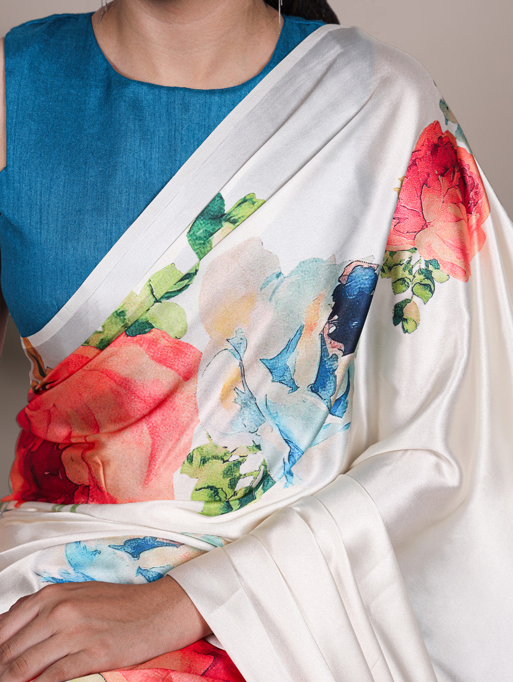 White floral printed satin silk saree with firozi banglory blouse