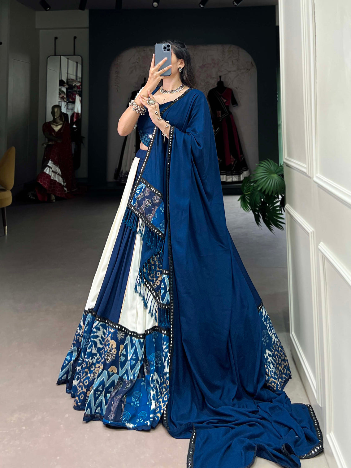 Royal blue rayon gamthi lehenga choli with printed paper mirror work