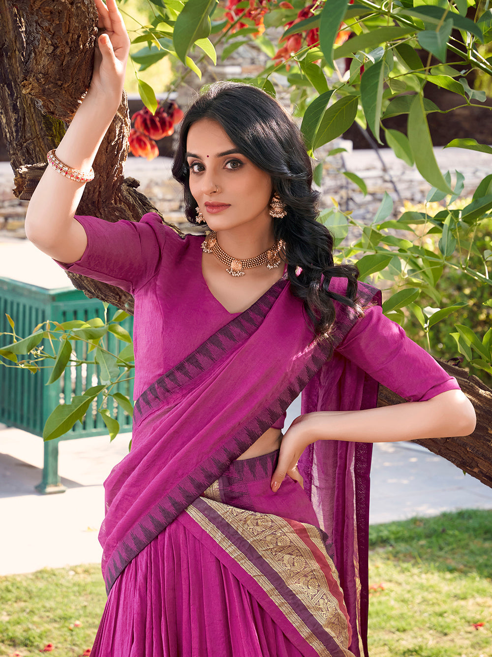 Soft pink chanderi lehenga choli with zari woven border matching dupatta