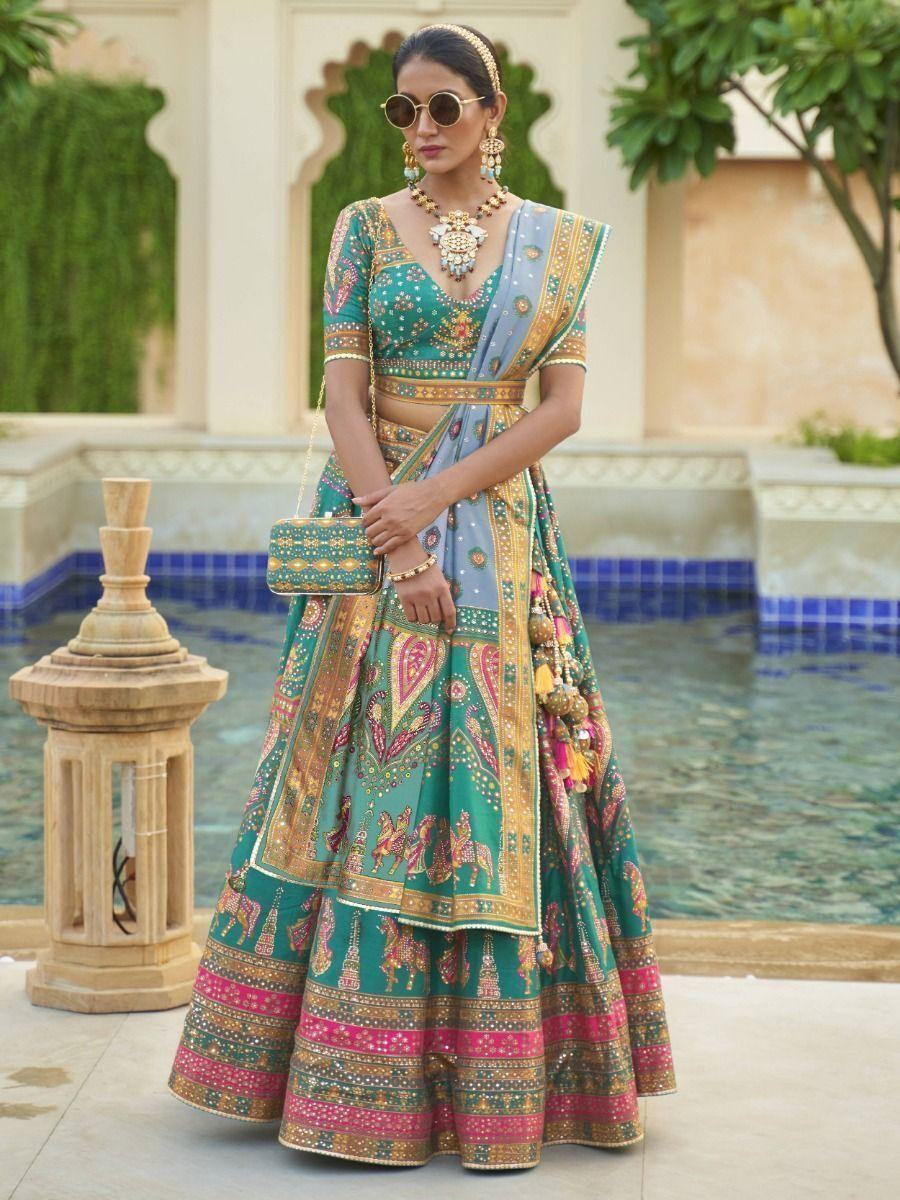 Pleasing Sea Green Mirror Work Rajwadi Silk Wedding Lehenga Choli