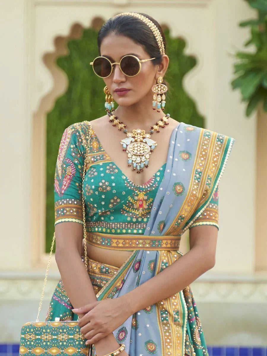 Pleasing Sea Green Mirror Work Rajwadi Silk Wedding Lehenga Choli