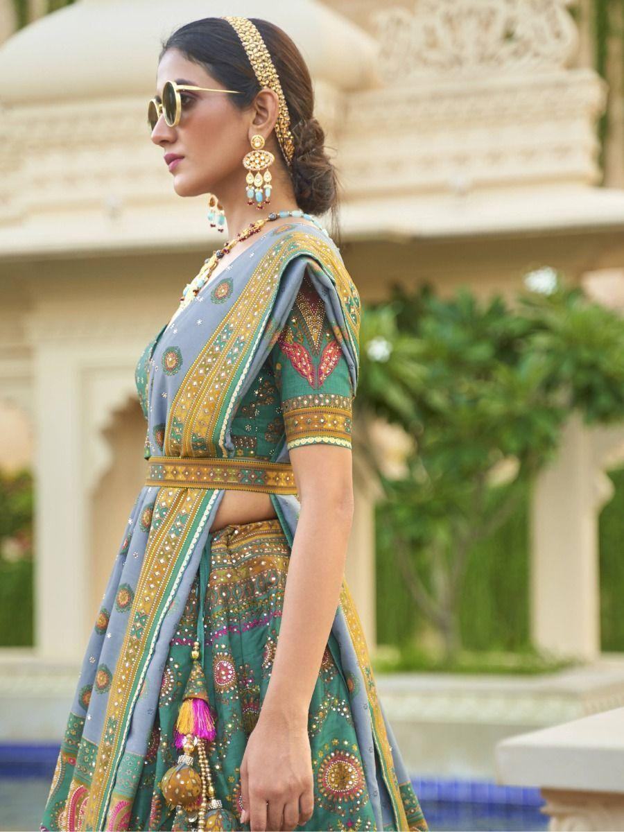 Pleasing Sea Green Mirror Work Rajwadi Silk Wedding Lehenga Choli