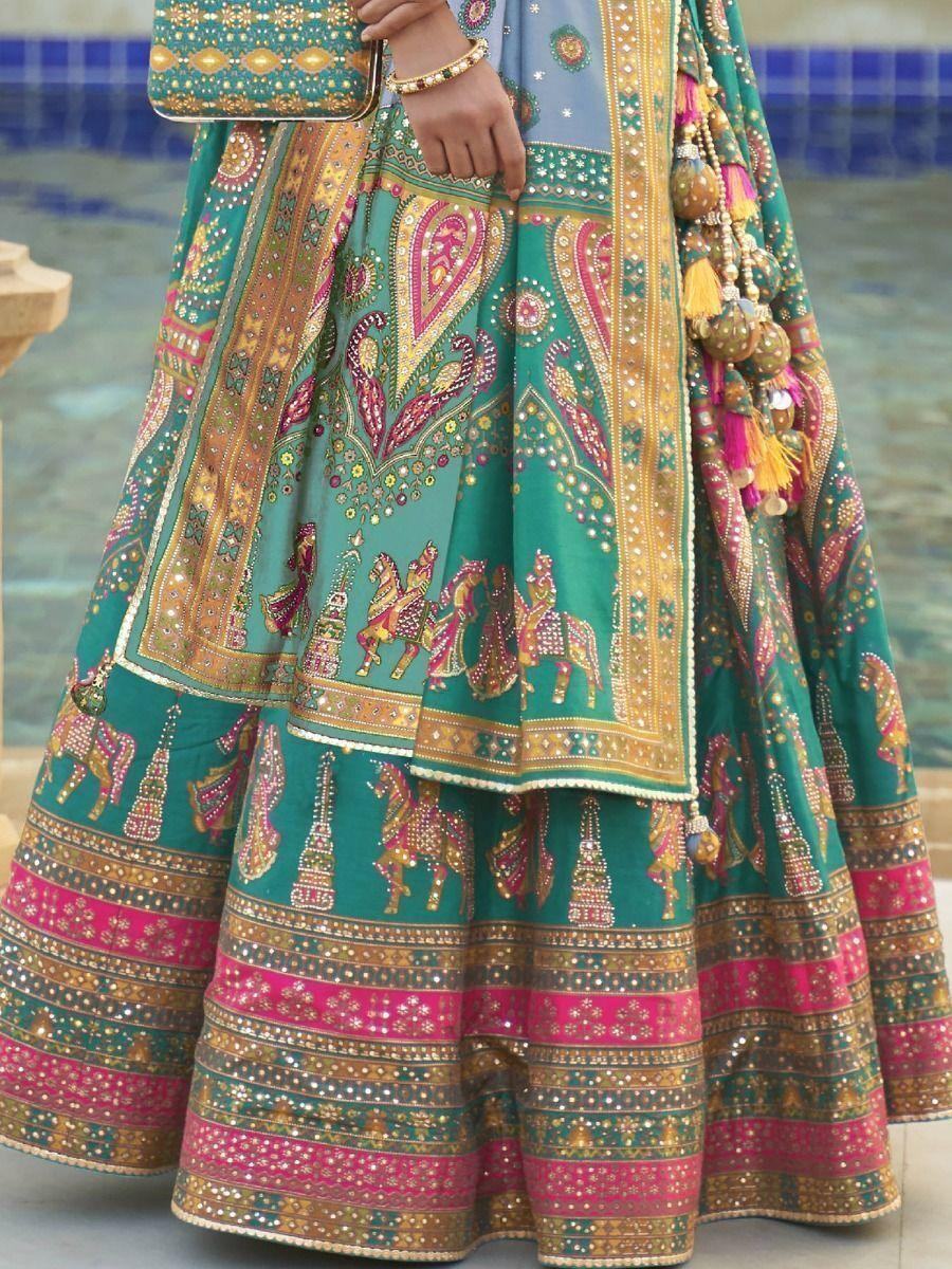 Pleasing Sea Green Mirror Work Rajwadi Silk Wedding Lehenga Choli