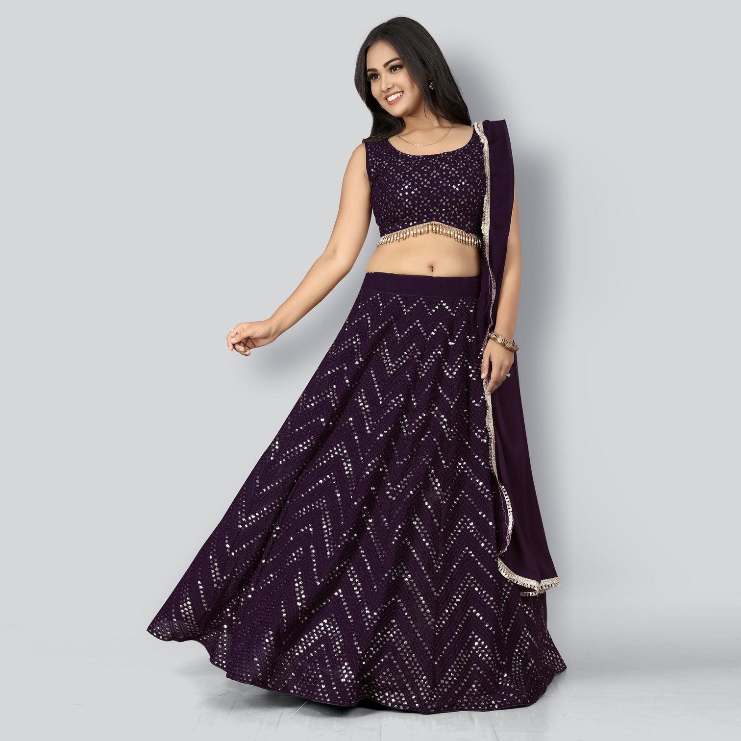 Plum Party Wear Sequins Embroidered Georgette Lehenga Choli