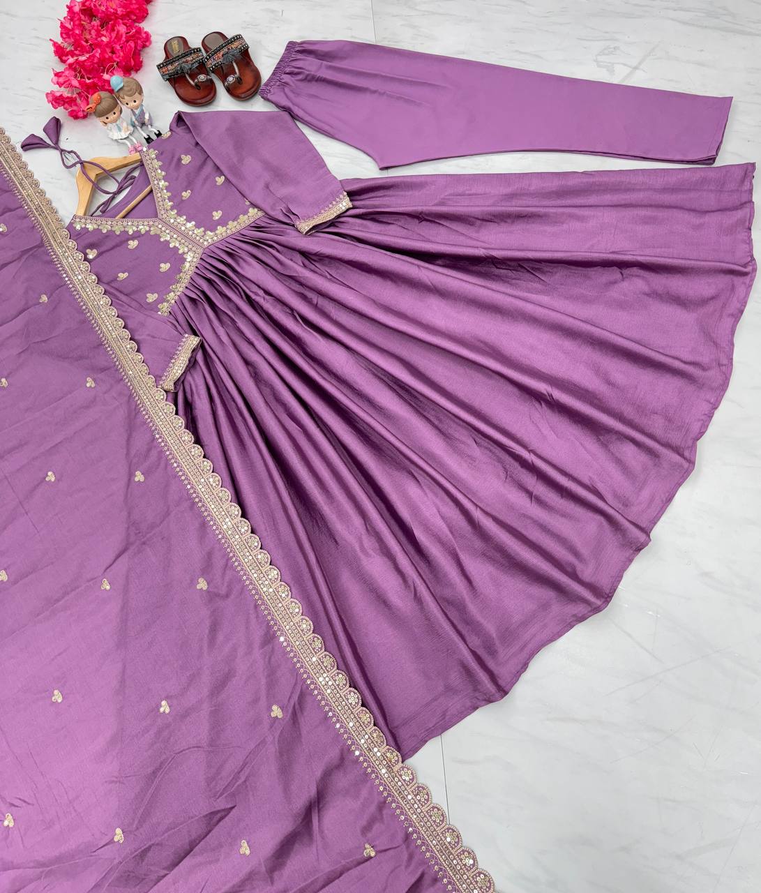 Plum Purple Premium Designer Party Wear Alia Cut Gown, Dupatta Set