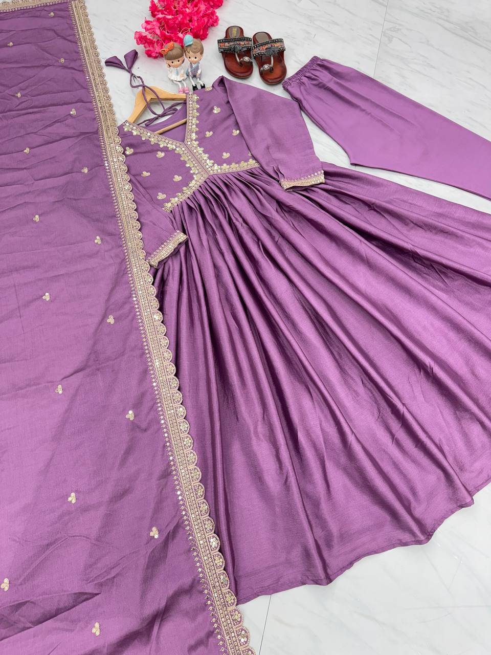 Plum Purple Premium Designer Party Wear Alia Cut Gown, Dupatta Set
