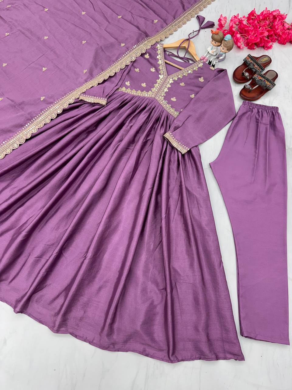 Plum Purple Premium Designer Party Wear Alia Cut Gown, Dupatta Set