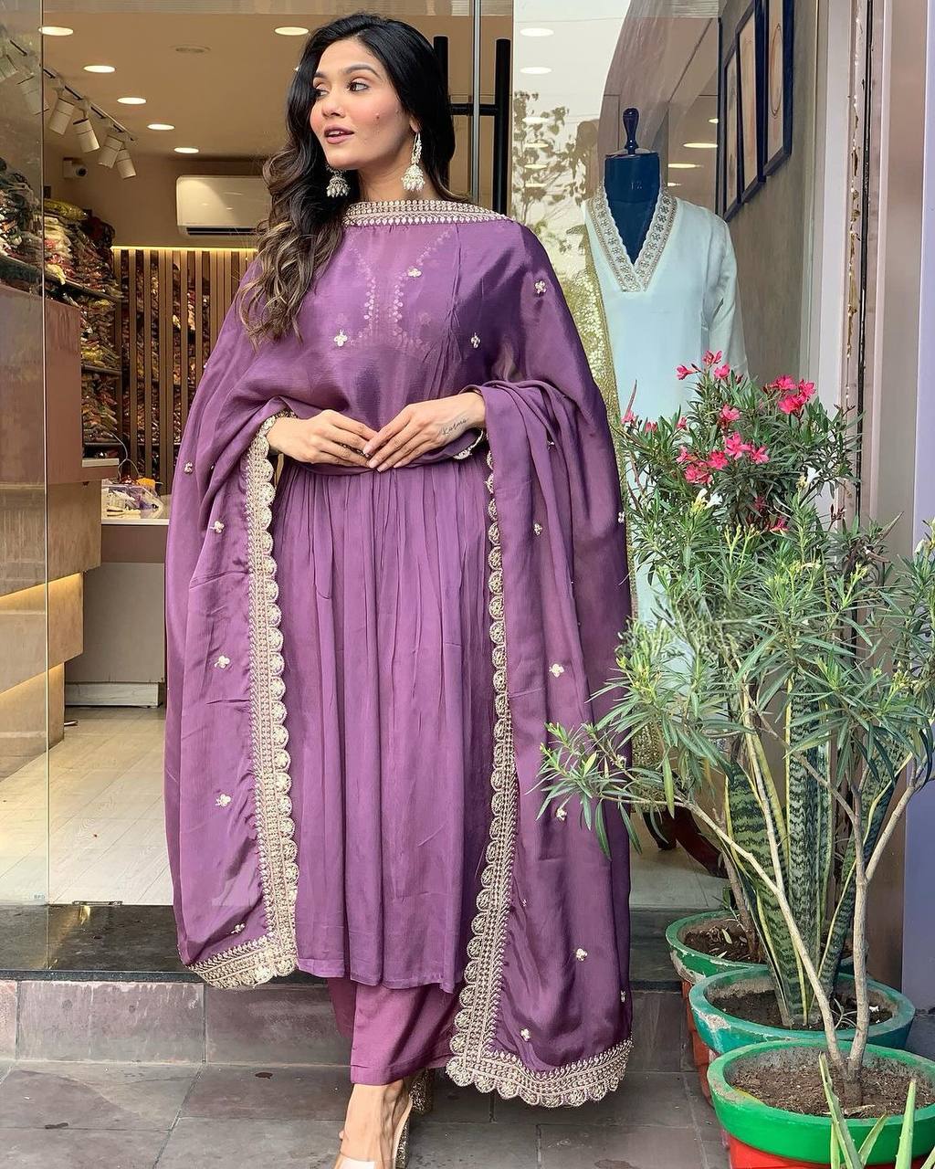 Plum Purple Premium Designer Party Wear Alia Cut Gown, Dupatta Set