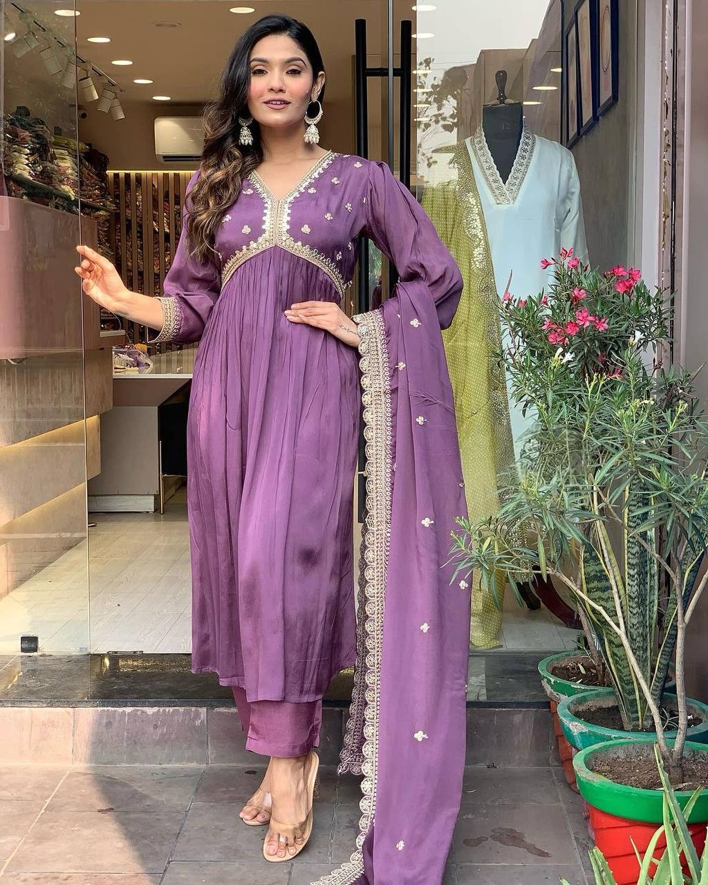 Plum Purple Premium Designer Party Wear Alia Cut Gown, Dupatta Set