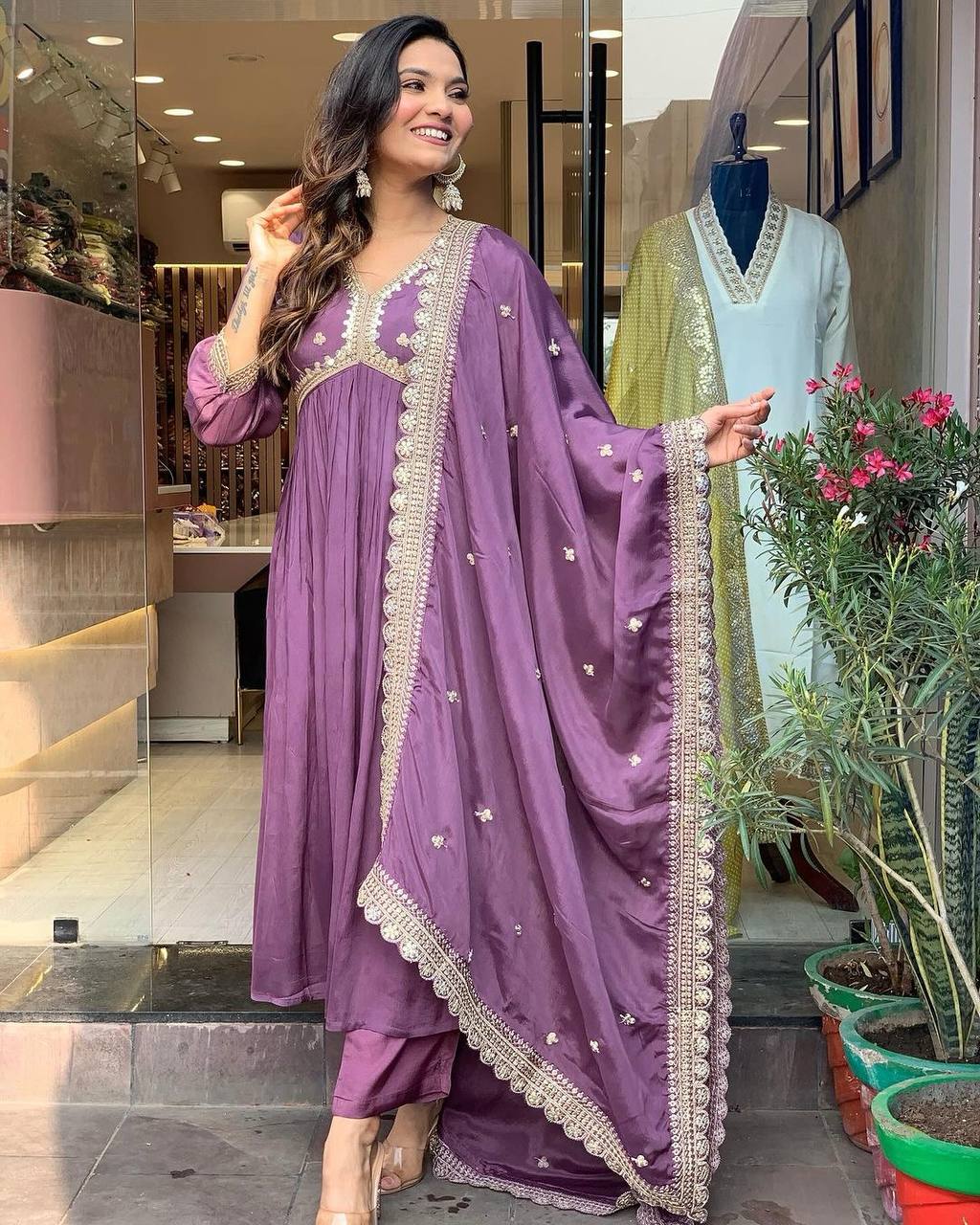 Plum Purple Premium Designer Party Wear Alia Cut Gown, Dupatta Set