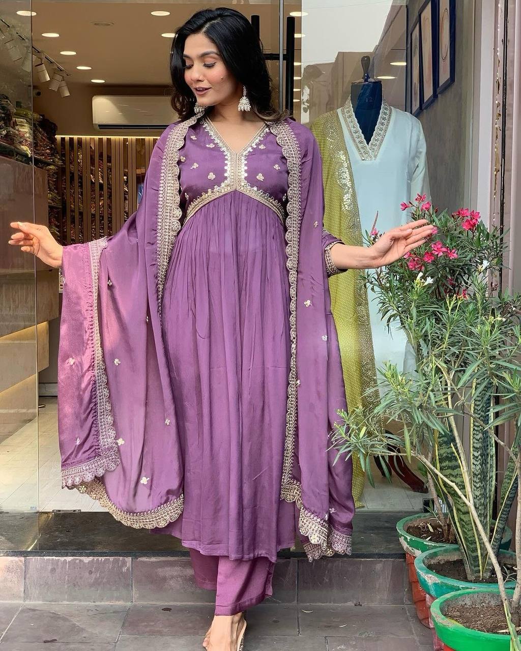 Plum Purple Premium Designer Party Wear Alia Cut Gown, Dupatta Set