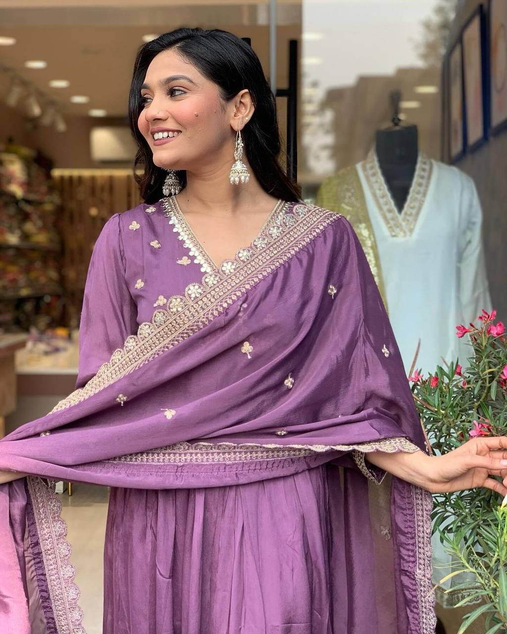 Plum Purple Premium Designer Party Wear Alia Cut Gown, Dupatta Set