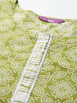 Plus Size Green Printed Cotton Straight Kurta With Trousers & Dupatta