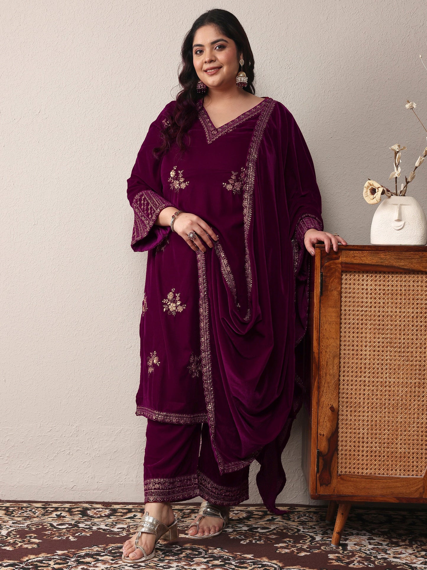Plus Size Magenta Embroidered Velvet Straight Suit Set With Dupatta